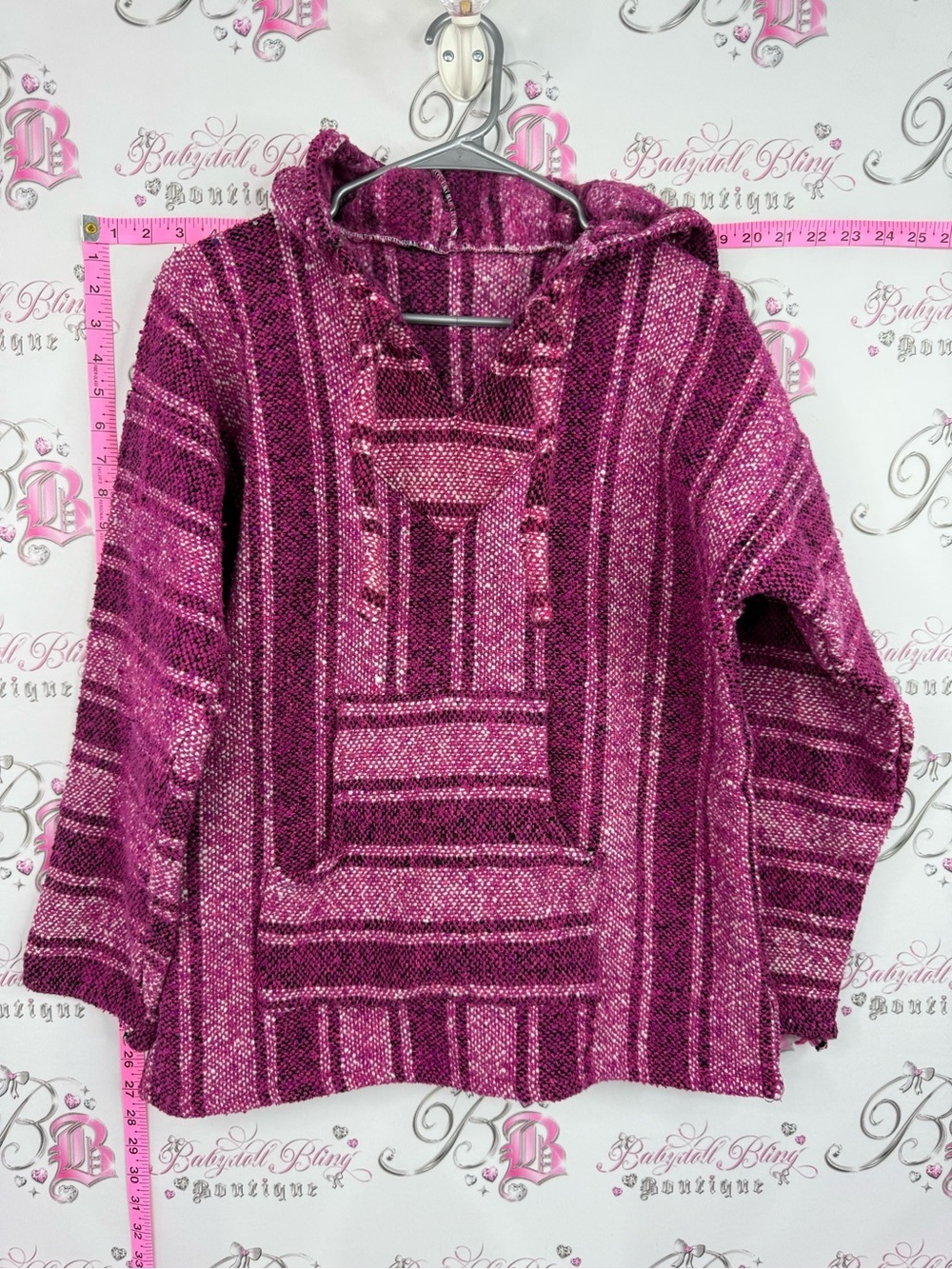 Pink Mexican style hoodie sweater pull over Pink Hooded Woven Sweater
